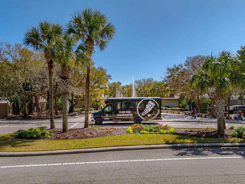 Shuttle bus parked by palm trees on a sunny day in a residential area.